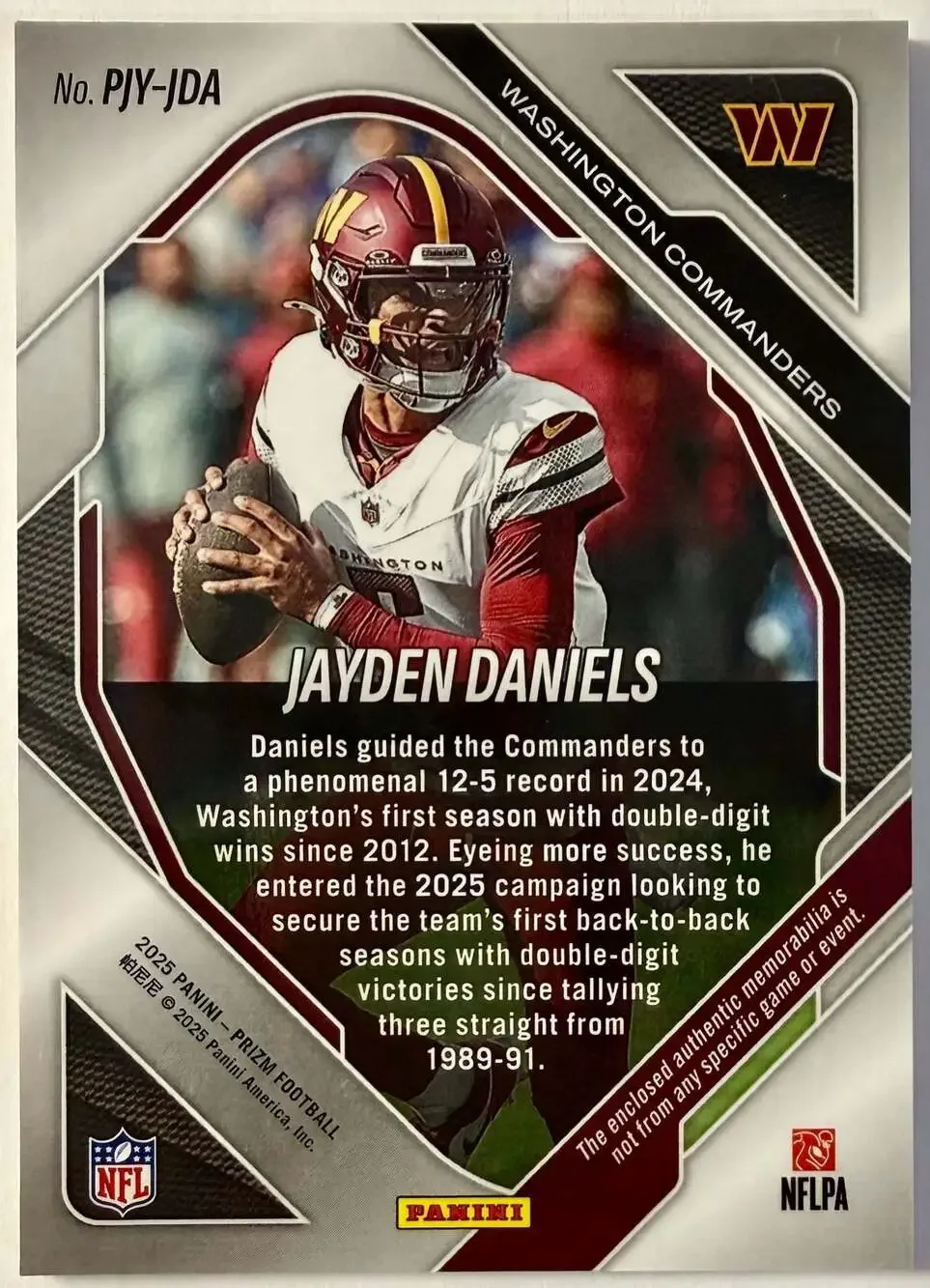 2025 Panini Silver Prizm Jayden Daniels Premier Jersey Memorabilia Card #PJY-JDA